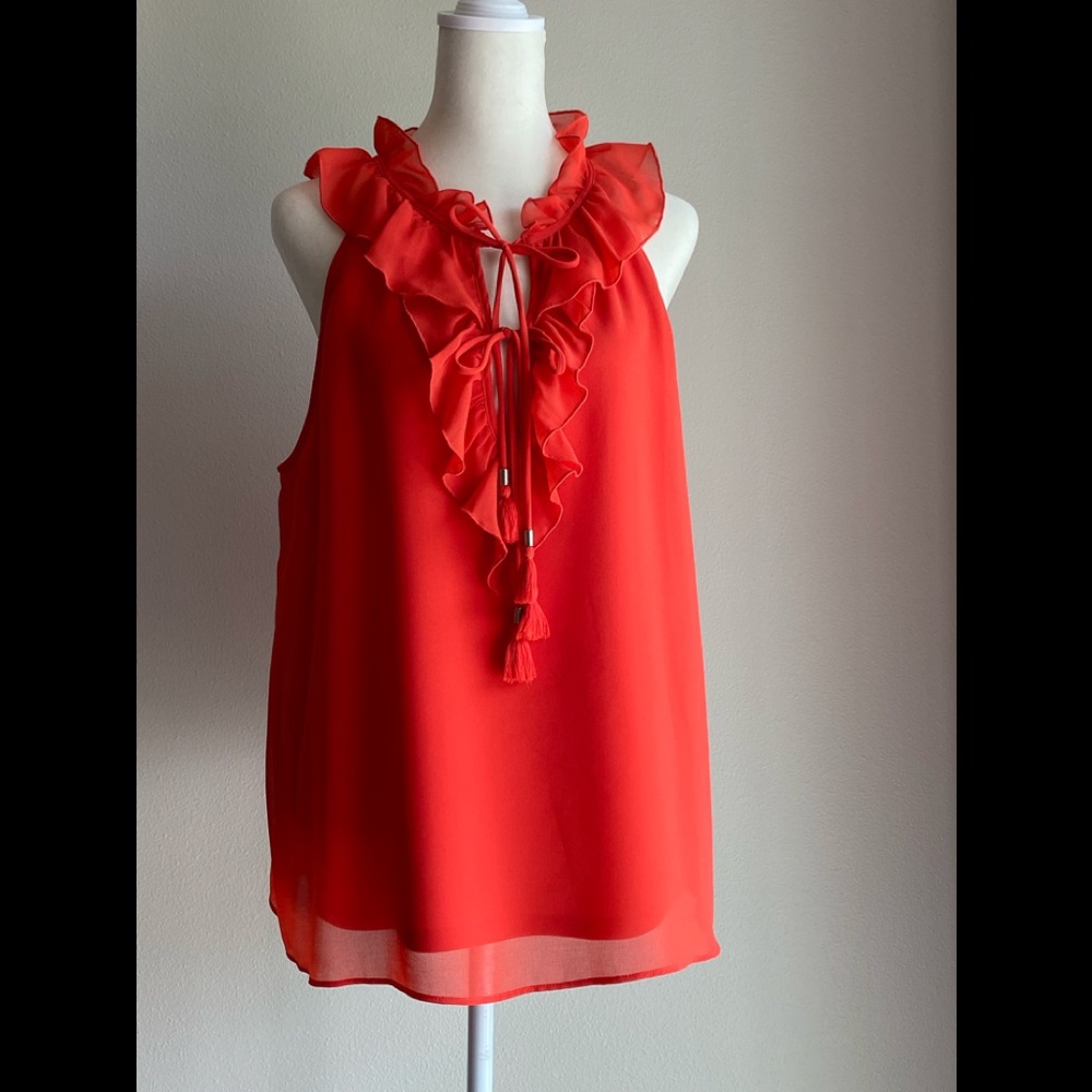 Flattering Kensie Sleeveless Ruffled Neckline with Ties Orange Size Large